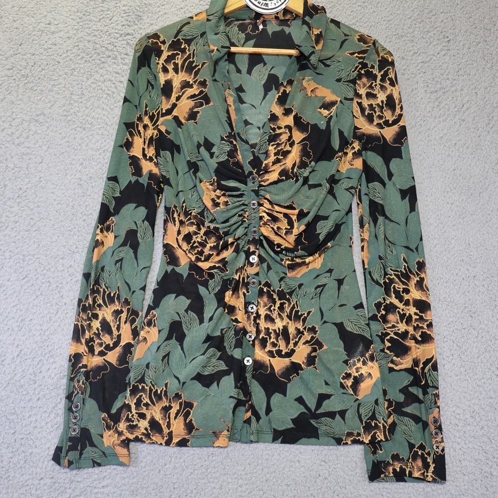 Free People Green Orange Floral Mesh Ruched Button Down Blouse OB1385185